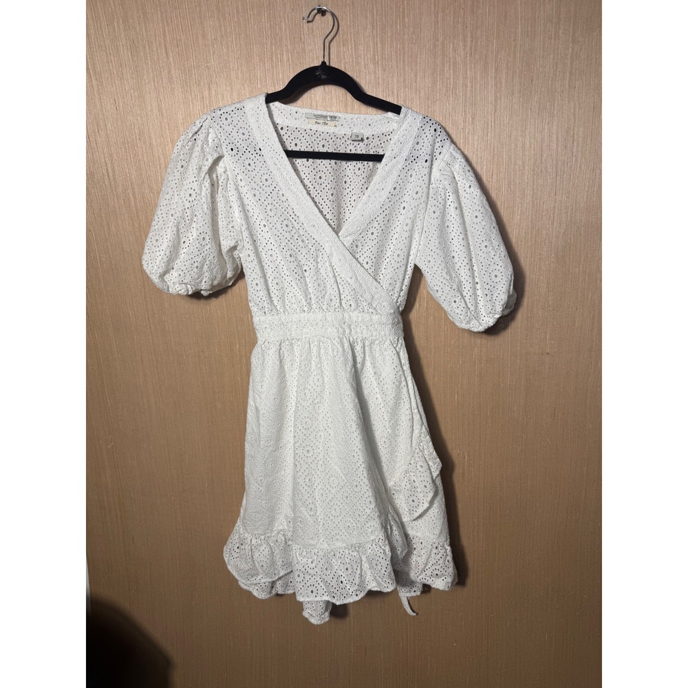 Scotch & Soda Maison Scotch White Eyelet Wrap Dress Puff Sleeve Ruffle Hem L